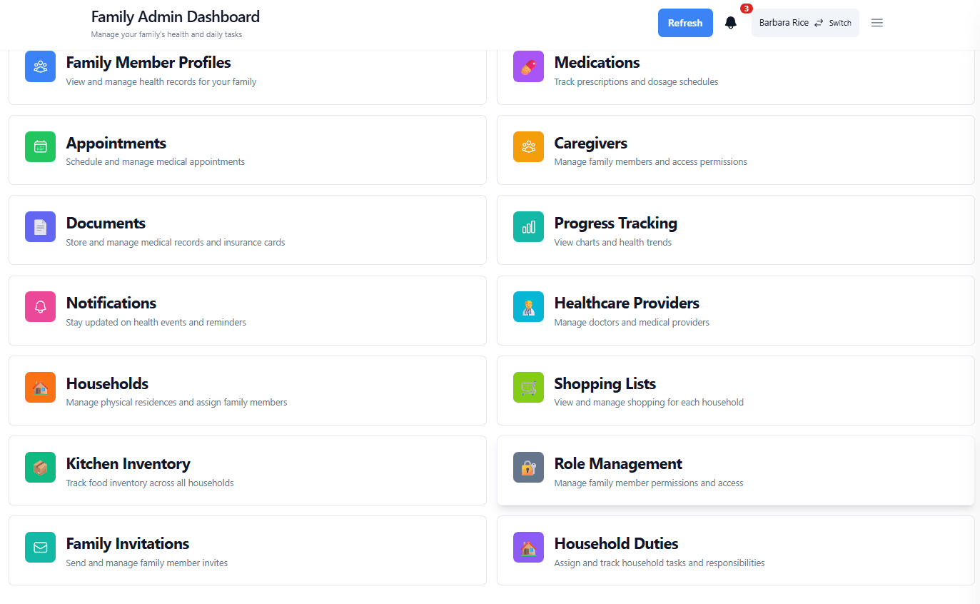 All Management Tools grid showing 14 feature cards: Family Member Profiles, Medications, Appointments, Caregivers, Documents, Progress Tracking, Notifications, Healthcare Providers, Households, Shopping Lists, Kitchen Inventory, Role Management, Family Invitations, and Household Duties - each with colorful icons and descriptions