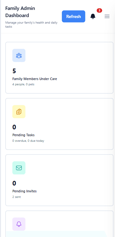 Mobile Family Admin Dashboard showing 5 family members under care, 0 pending tasks, 0 pending invites, and unread notifications