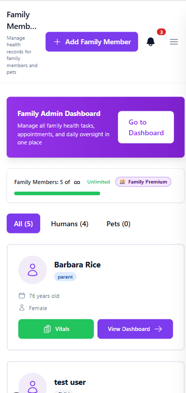 Family Members list on mobile showing Barbara Rice (76 years old, Female) with options to view vitals and dashboard, with Family Premium badge and 5 of unlimited members indicator