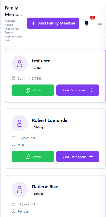 Patient cards showing test user (Child), Robert Edmonds (56 years old Sibling Male), and Darlene Rice (53 years old Sibling Female) with Vitals and View Dashboard buttons