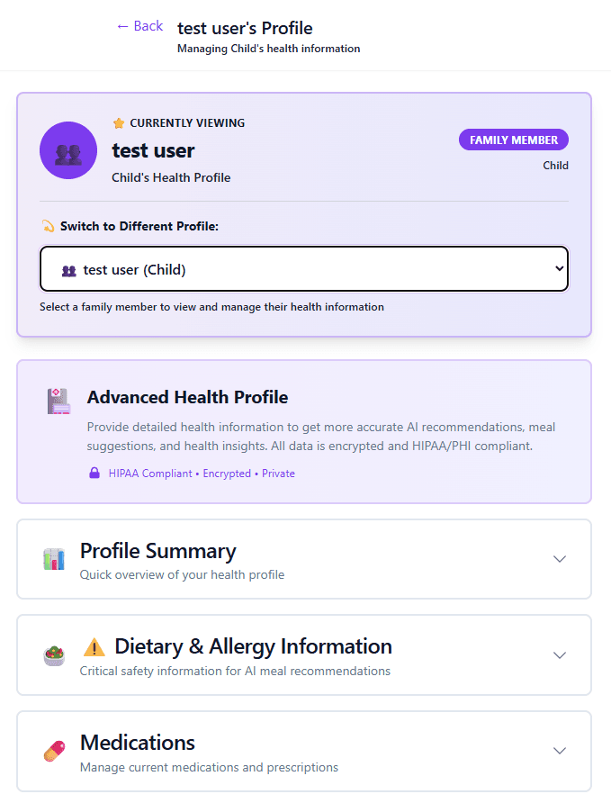 WLPL Profile page showing currently viewing test user (Child's Health Profile), family member dropdown selector, Advanced Health Profile section with HIPAA encryption notice, Profile Summary, Dietary & Allergy Information, and Medications sections