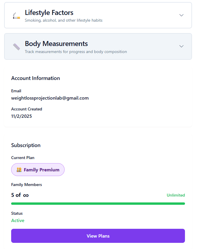 Account Information showing email, account created date (11/2/2025), and Subscription section with Family Premium plan badge, 5 of unlimited family members indicator, Active status, and View Plans button