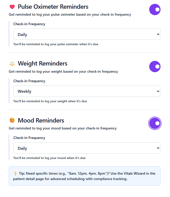 Additional vital reminders showing Pulse Oximeter Reminders (Daily), Weight Reminders (Weekly), and Mood Reminders (Daily) with tip about using Vitals Wizard for specific times and compliance tracking
